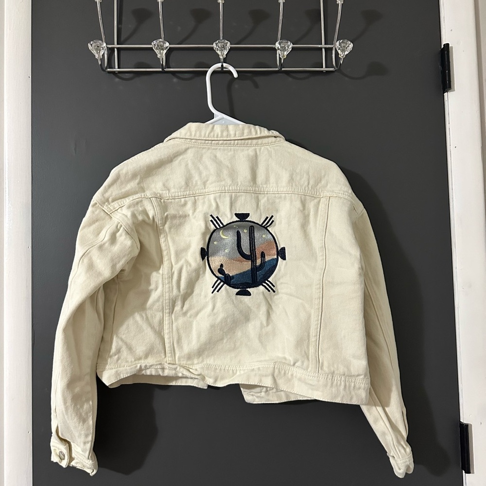 Cream Denim Jacket with Cactus Embroidery
